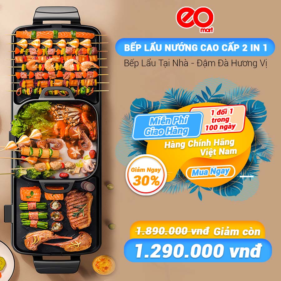 Bếp Lẫu Nướng Điện Đa năng 3 trong 1 Cao cấp EOZON Với Bề Mặt Tráng Men chống dính phong cách hàn quốc ( Chính Hãng)