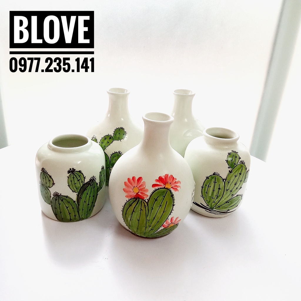 Quà tặng bạn gái, Bình hoa vẽ tay thủ công hình xương rồng,Gốm sứ bát tràng cao cấp,Trang trí nhà cửa,decor