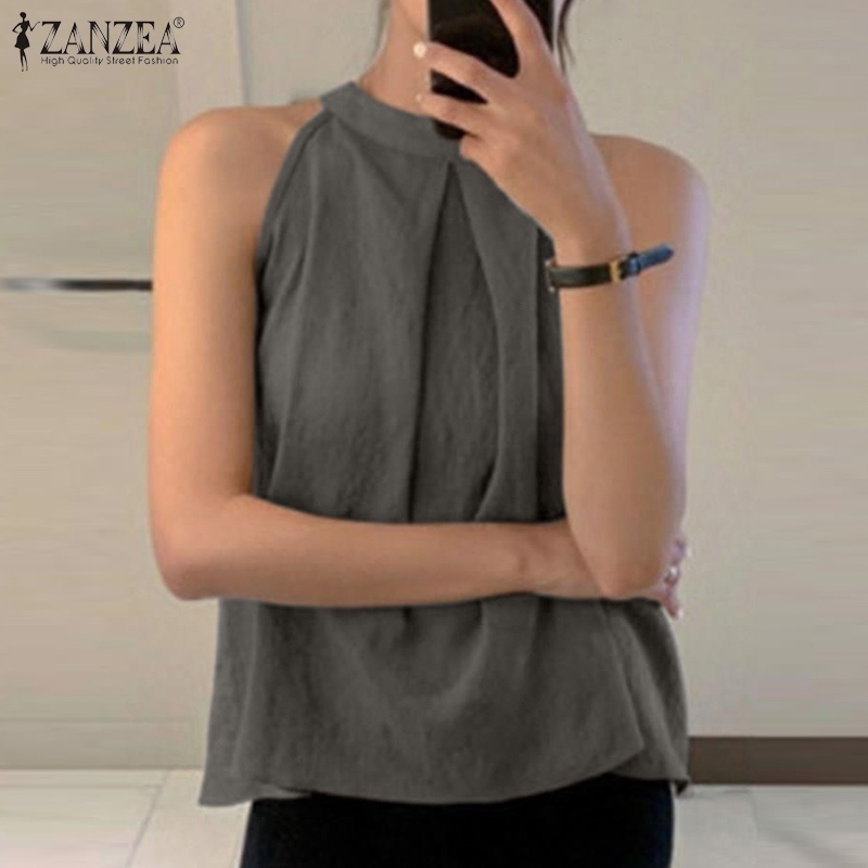 Zanzea Áo Thun Sát Nách Cổ Tròn Dáng Rộng Phối Nút Thời Trang Cho Nữ