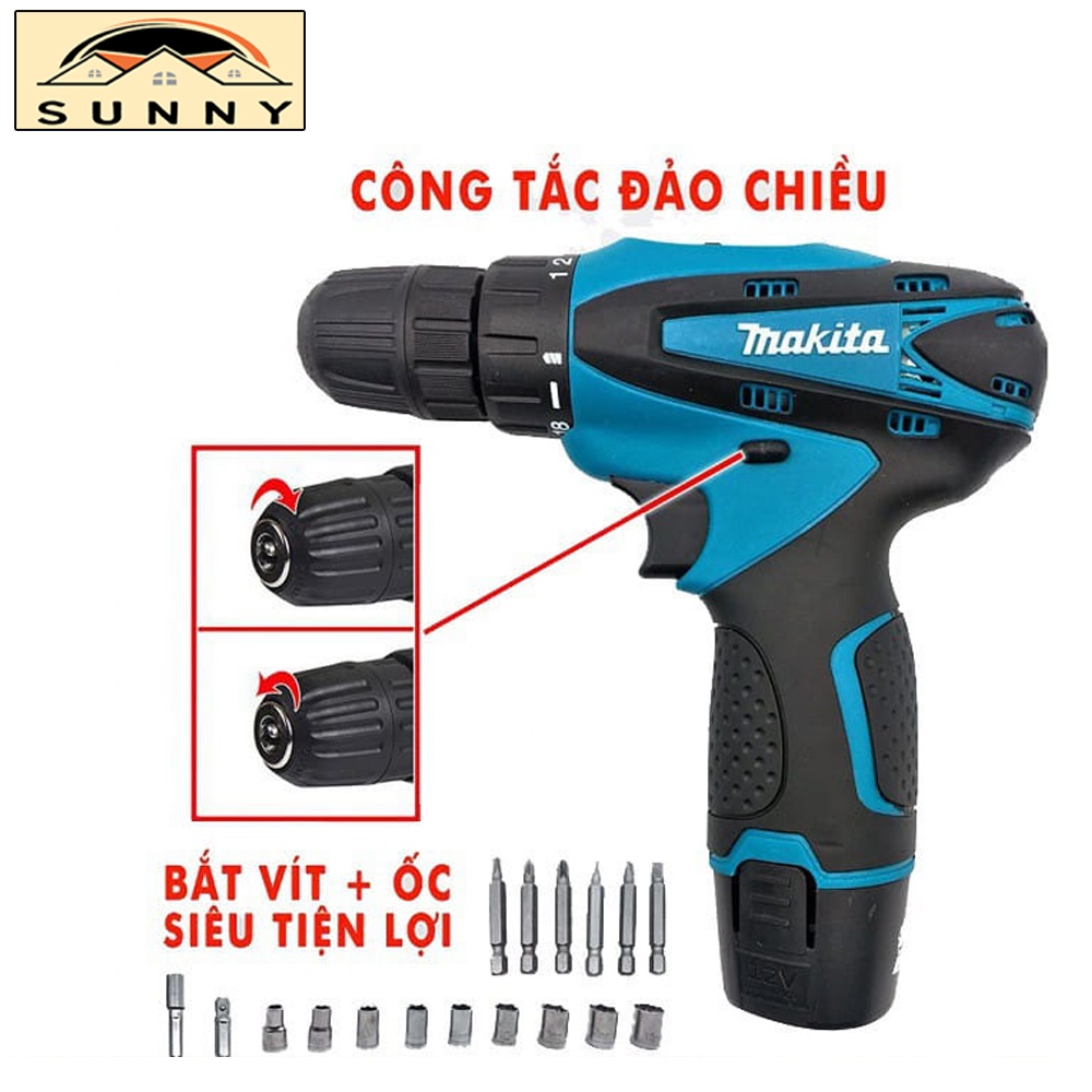 Máy Khoan Pin Cầm Tay MAKITA 12V Tặng Kèm Bộ 24 Phụ Kiện - Máy Khoan Tường, Gạch Đá Thích Hợp Dùng Cho Gia Đình