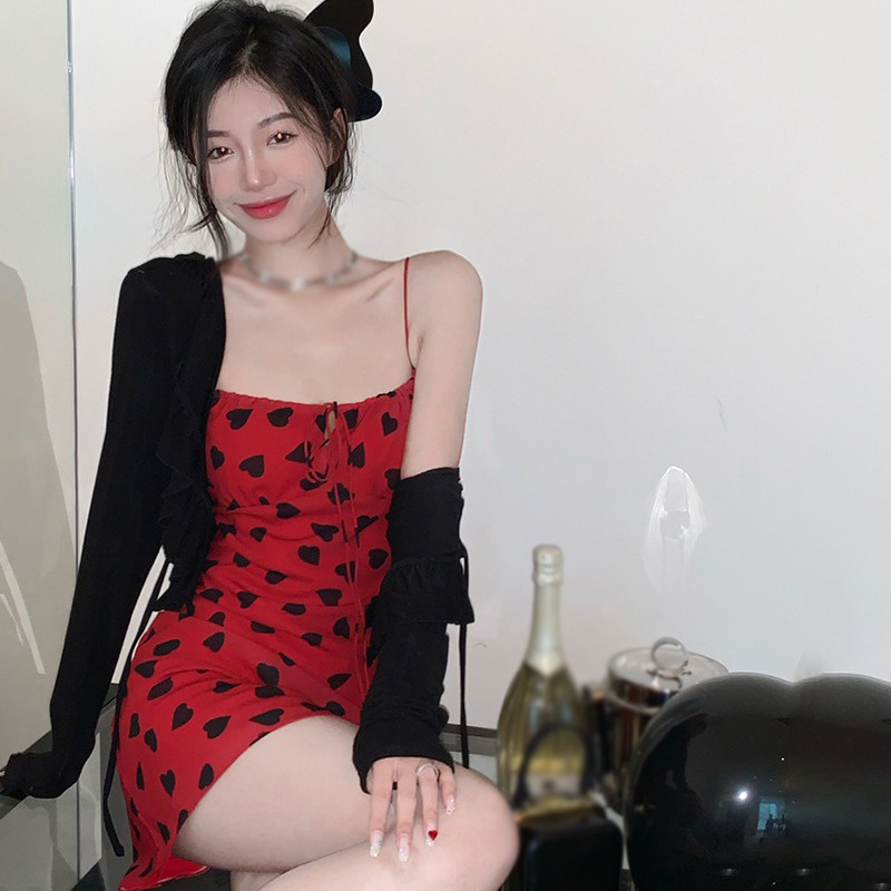 Đầm Hai Dây Dáng Ôm In Họa Tiết Trái Tim Phong Cách Hàn Quốc Quyến Rũ Dành Cho Nữ