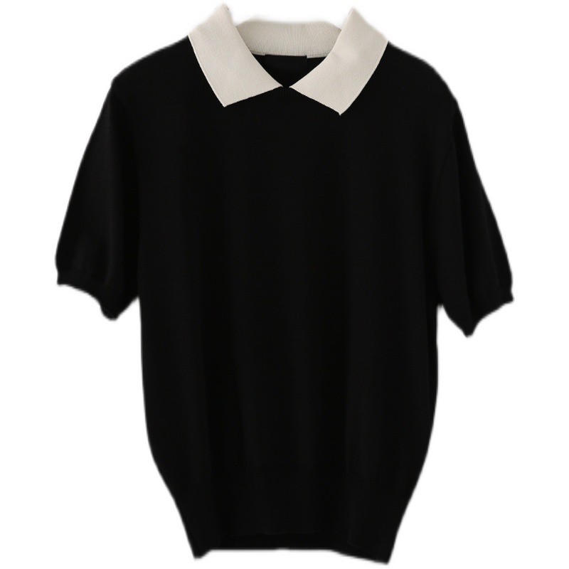 (HÀNG SẴN) Áo sơ mi cộc tay cổ bẻ POLO phối màu đen trắng đơn giản thanh lịch style công sở Hàn Quốc | BigBuy360 - bigbuy360.vn