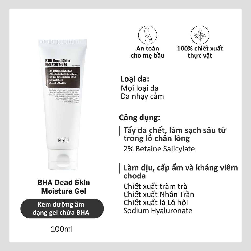 Kem dưỡng dạng gel chứa BHA PURITO BHA Dead Skin Moisture Gel 100ml