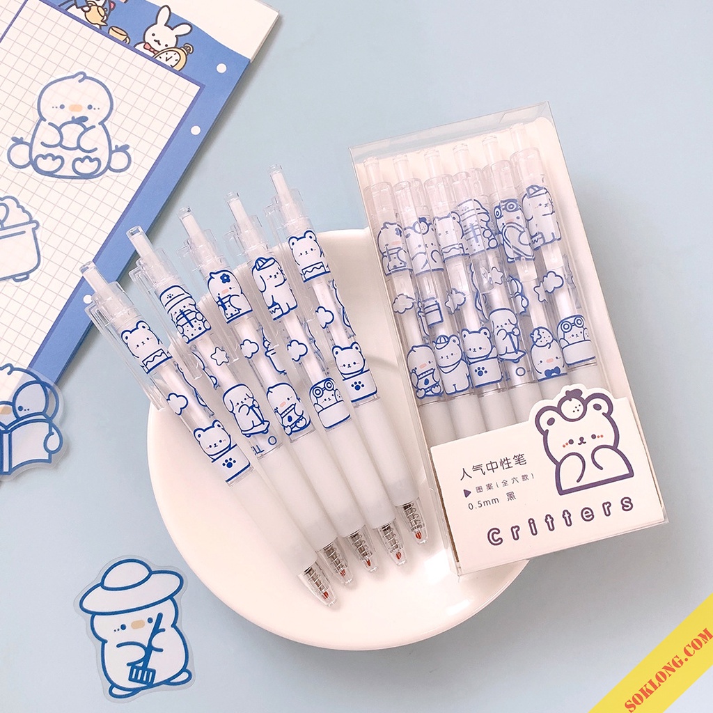 Bút bi bấm trong suốt hình gấu cute nét 0.5mm mực đen B37