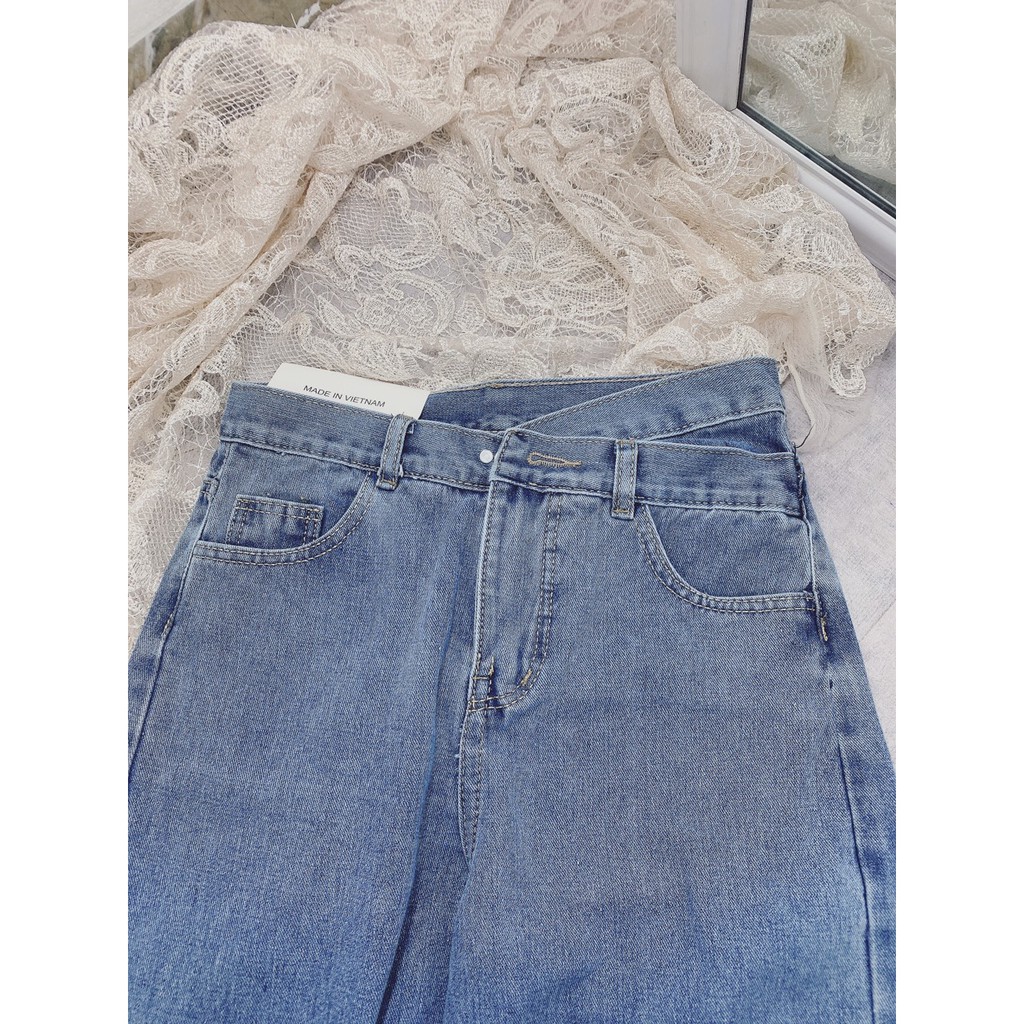 Quần Jean Ống Rộng Cạp Cao Xếp Chéo THUS, Jeans Nữ Dáng Suông Thời Trang Sành Điệu Q2J06