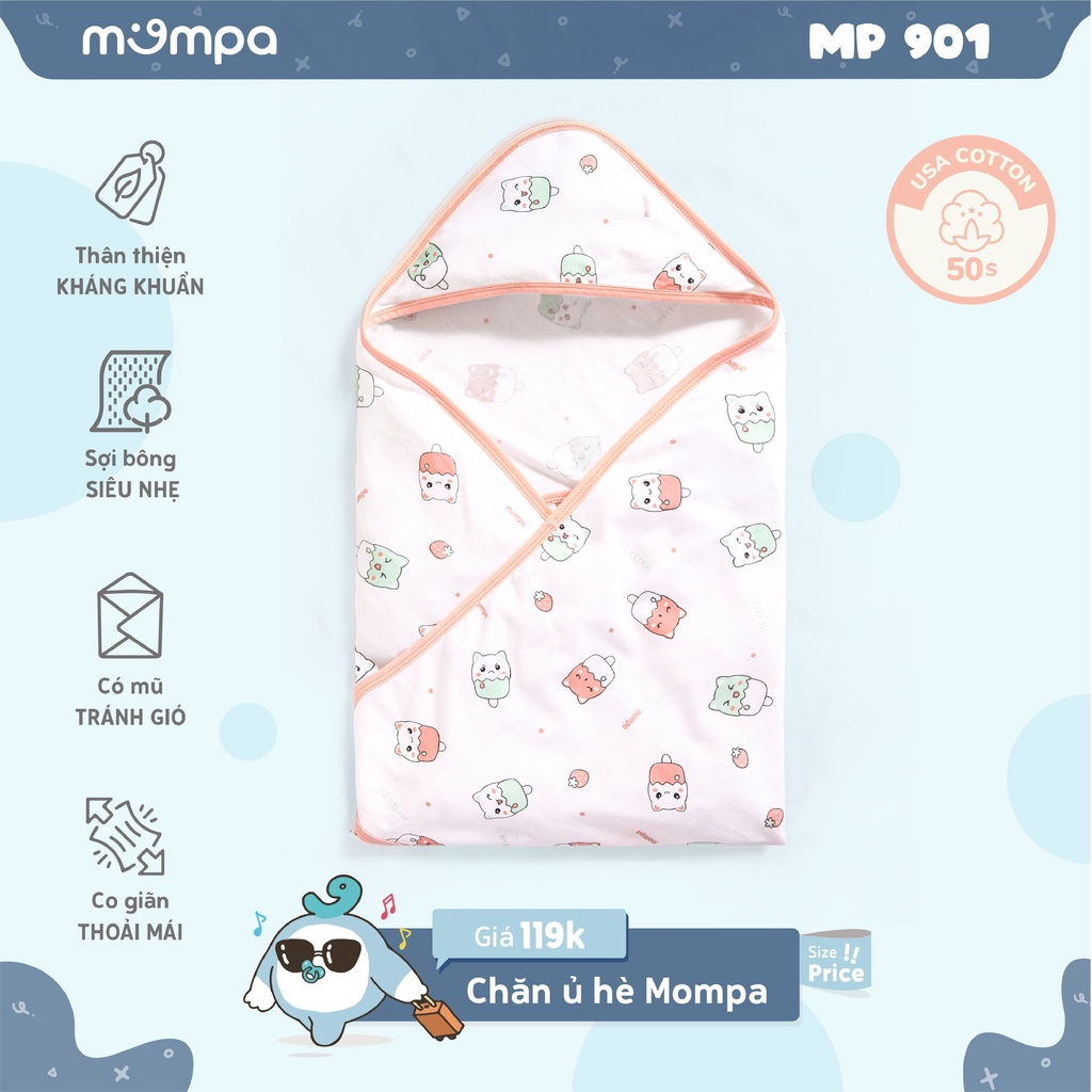 Chăn ủ hè cho bé có mũ che đầu MOMPA nằm điều hòa đồ ngủ trẻ sơ sinh vải cotton thấm hút đa năng làm khăn tắm chăn 901