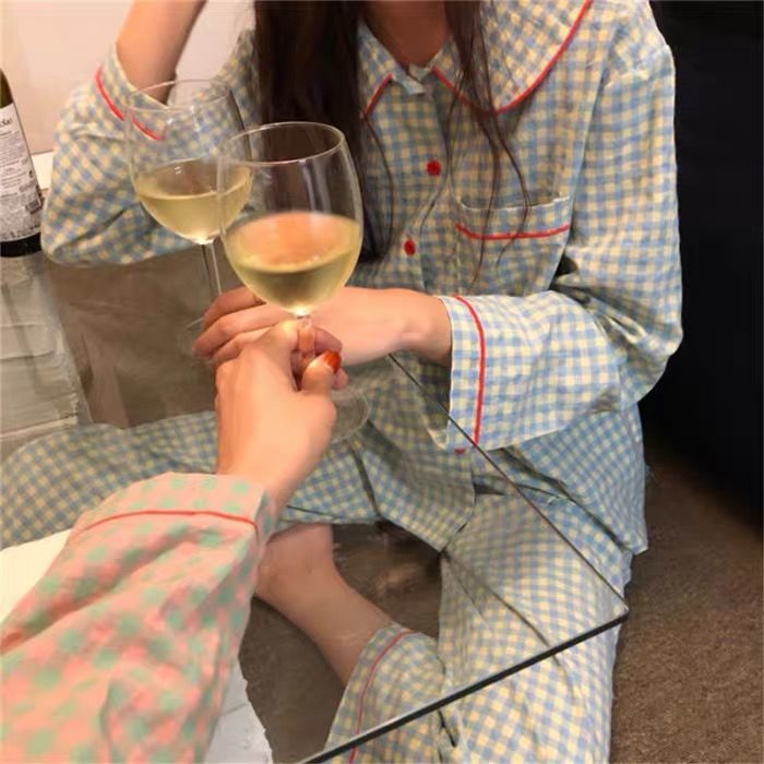 Đồ bộ ngủ pyjama caro vải lụa dài tay thời trang thu đông phong cách Hàn Quốc/Nhật Bản cho nữ