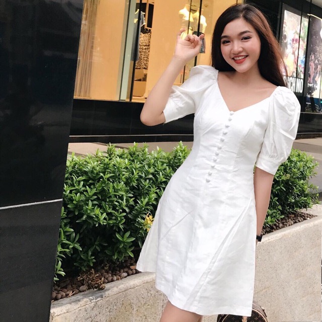 Đầm trắng tay phồng nút bọc (kèm hình thật) | BigBuy360 - bigbuy360.vn