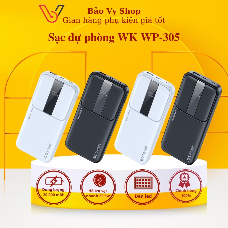 Sạc dự phòng 10000mAh 20000mah WK WP-301 Pin dự phòng PD chính hãng sạc nhanh 22.5W QC 3.0 cổng Type-C in/out BaoVy