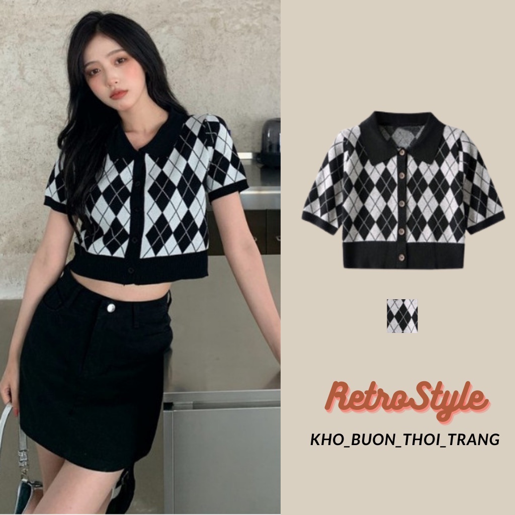 Áo Cadigan Nữ Tay Ngắn, Áo Len Croptop Kẻ Sọc Caro