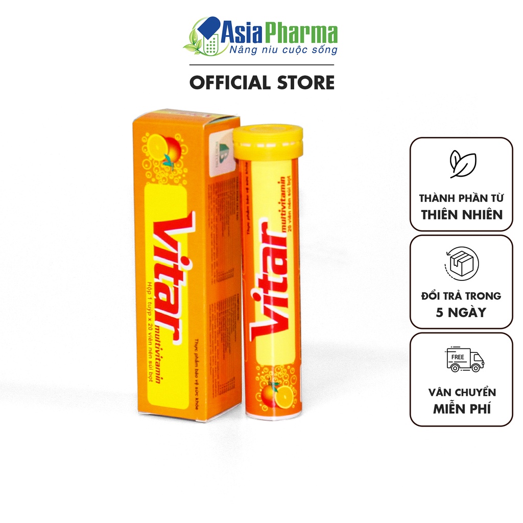 Viên sủi C Vitar Multivitamin bổ sung vitamin tổng hợp và khoáng chất hộp 20 viên, thực phẩm chức năng ASIA PHARMA