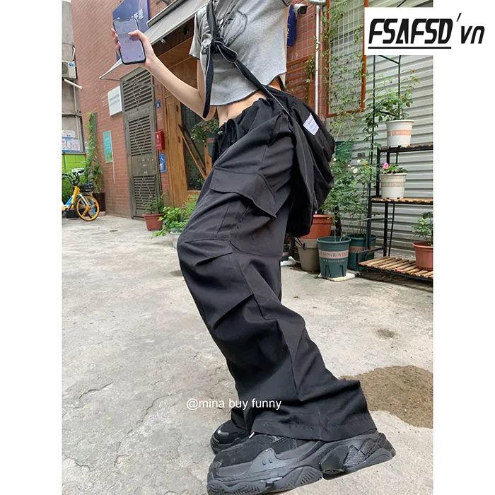 Quần Dài Lưng Cao Ống Rộng Màu Đen Phong Cách Retro Mỹ