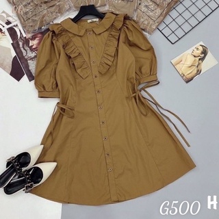 Đầm xoè phom ngắn cổ bèo xếp ly rút dây eo voan lụa G500