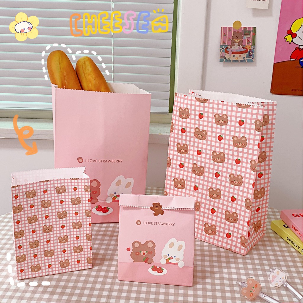 Túi Giấy Gói Quà, Đựng Đồ Màu Hồng Strawberry Bear Paperbag