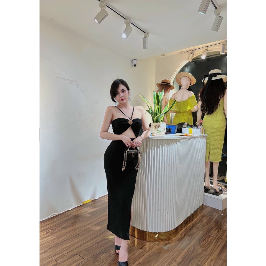 Đầm Body 2 dây dáng dài khoét eo kết khoen tròn sexy tôn dáng NG - Thủy Mèo House