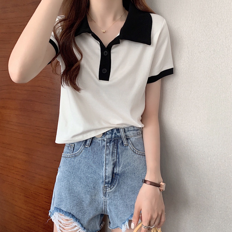 Áo thun polo IELGY tay ngắn cổ bẻ màu sắc tương phản thời trang đơn giản dành cho nữ
