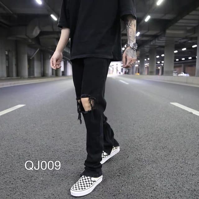 Quần Jean Zip Rách Gối Phong cách - jean co giãn tốt