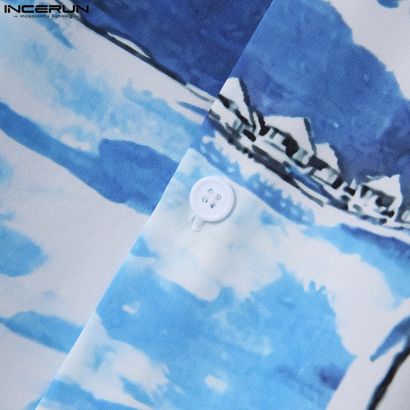 INCERUN Áo Sơ Mi Ngắn Tay In Họa Tiết Thời Trang Đi Biển Mùa Hè Cho Nam