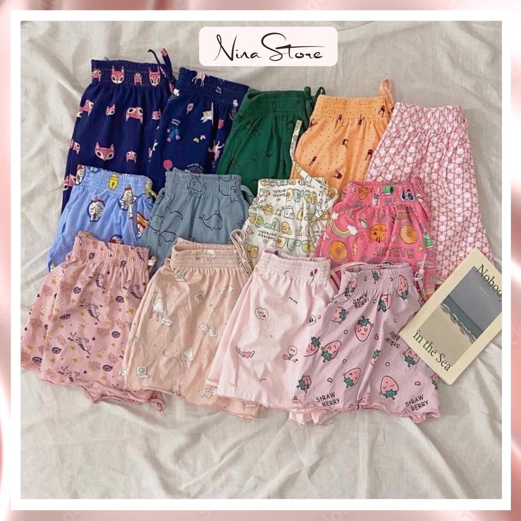 Quần đùi nữ chất cotton, quần short nữ mặc nhà cạp chun thoáng mát họa tiết hoạt hình NinaStore
