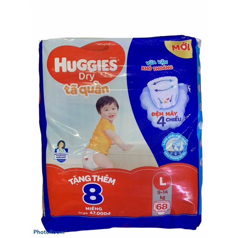 BỈM - TÃ QUẦN HUGGIES SIZE L Mẫu Mới “Đệm mây co giãn” - 68 MIẾNG (CHO BÉ 9 - 14KG)