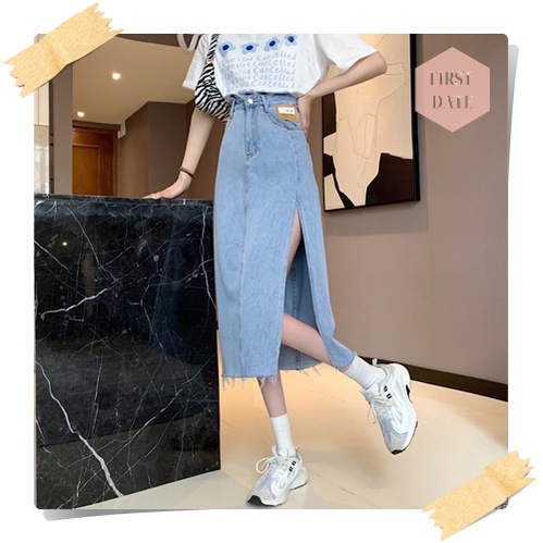 Chân váy bò dài  FIRST DATE chân váy jean dáng dài nữ mùa hè denim xẻ tà thiết kế túi eo cao