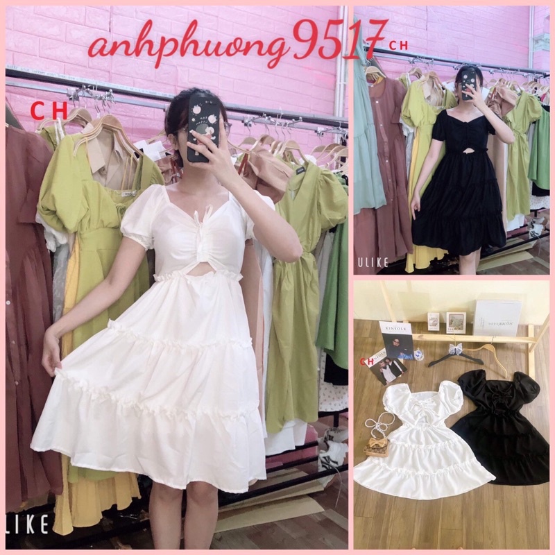 Váy rút dây khoét eo dáng xoè 2 màu Đen Trắng Đầm Dự Tiệc Cổ VBa tầng dài tay tiểu thư 2 lớp vintage Ullzang