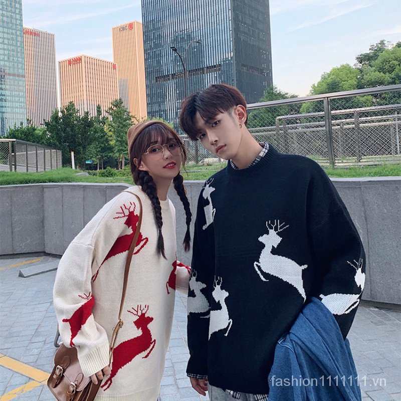 Áo Sweater Dệt Kim Chui Đầu Cổ Tròn Dáng Rộng In Hình Tuần Lộc Giáng Sinh Thời Trang Mùa Đông Cho Cặp Đôi (M-2Xl)