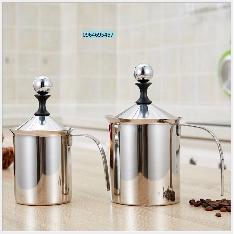 Ca đánh sữa lạnh latte 400ml - 800ml Ca đánh sữa inox 2 lớp lưới Ca tạo bọt sữa cầm tay (làm caphe bọt)