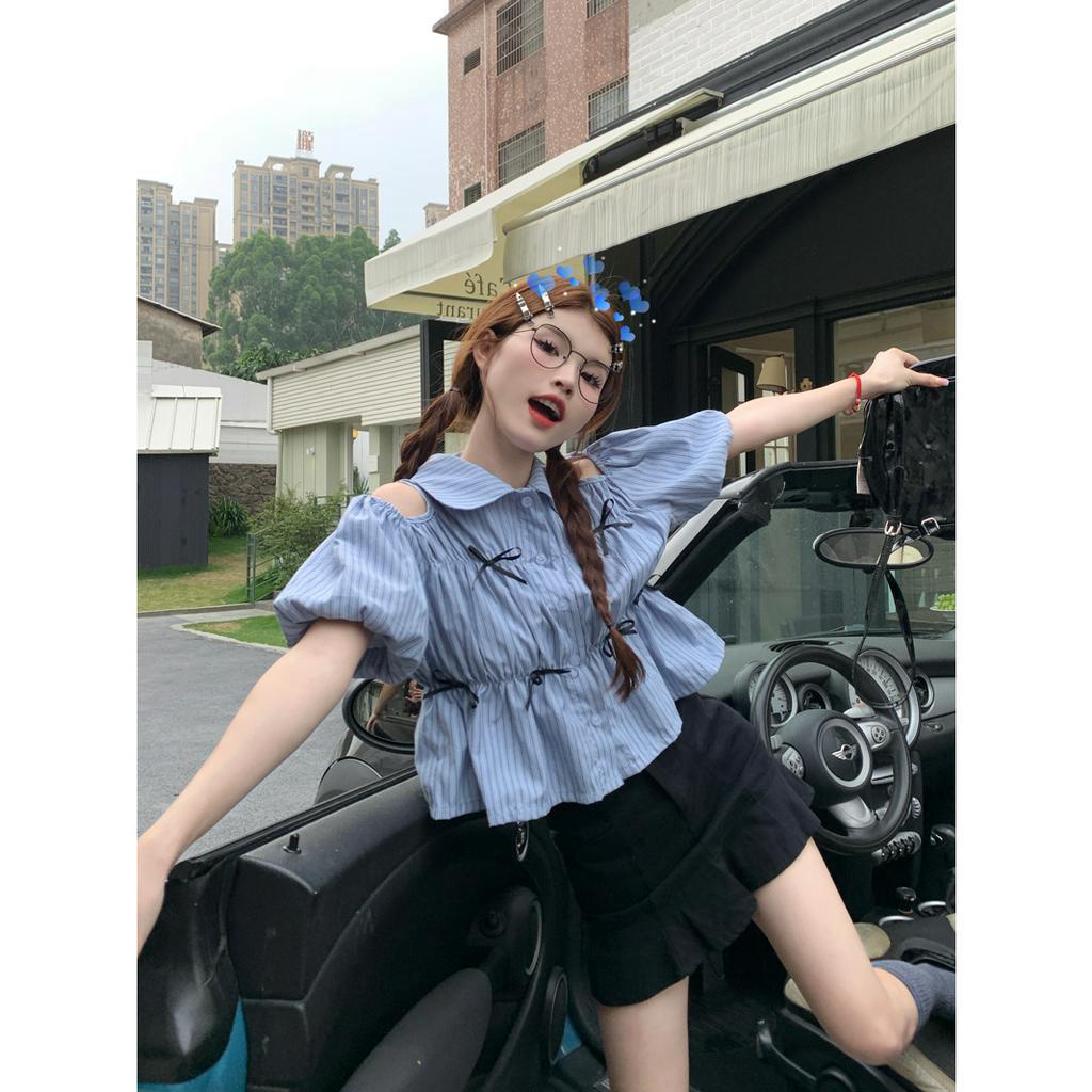 「 WELOVE1 」Áo Sơ Mi Tay Ngắn Phồng Phối Nơ Họa Tiết Kẻ Sọc Xanh Dương Thời Trang Hàn Quốc Dành Cho Bạn Nữ