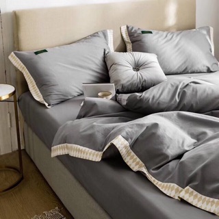 Set Chăn Ga Gối Cotton Lụa 60s Xám Phối Viền