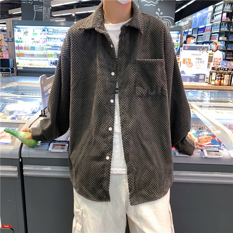 Áo Sơ Mi Nhung Tay Dài Màu Sắc Đơn Giản Phong Cách Retro Hàn Quốc Cho Nam Giới