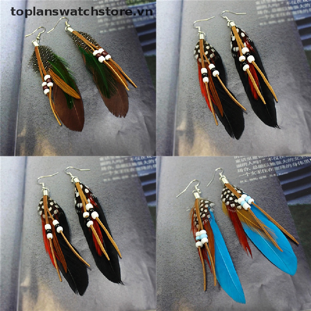 [toplanswatchstore] Bông Tai Da Đính Lông Vũ Tua Rua Phong Cách Ấn Độ