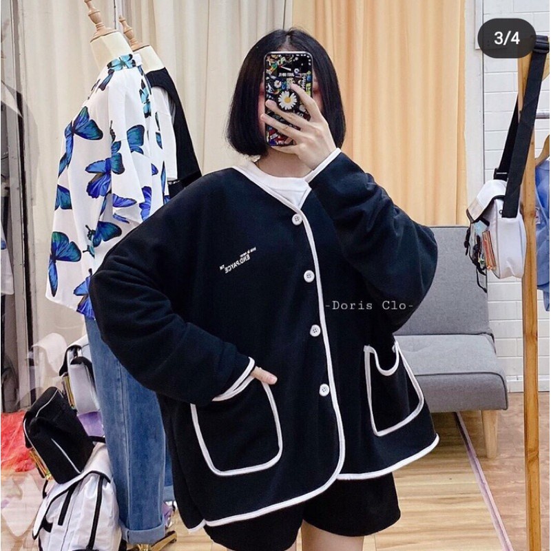 Áo khoác nỉ, áo hoodie nữ from rộng hai túi có nút nam nữ mix đều ngầu chất nỉ bông dày mịn giữ ấm tốt