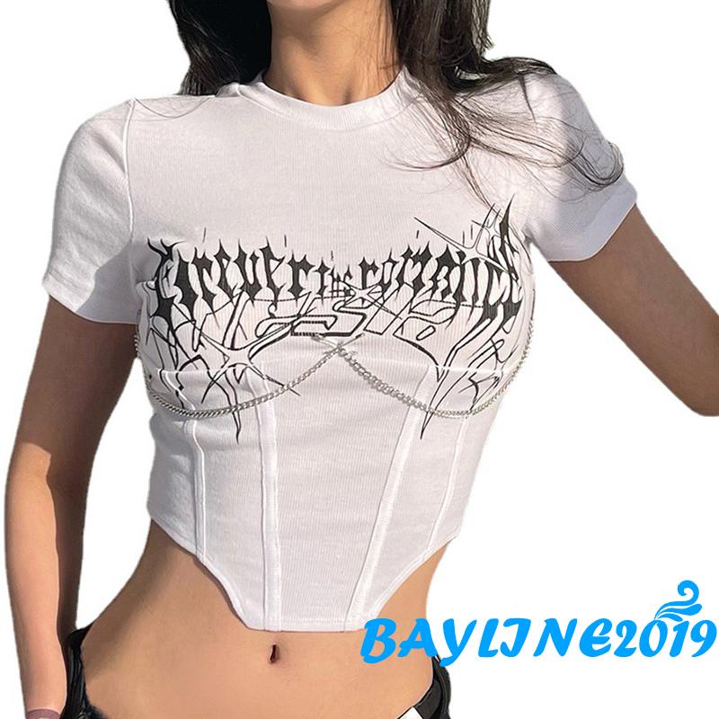 Áo Thun Ngắn Tay Cổ Tròn Ôm Dáng In Chữ Phối Dây Xích Kim Loại Cho Nữ