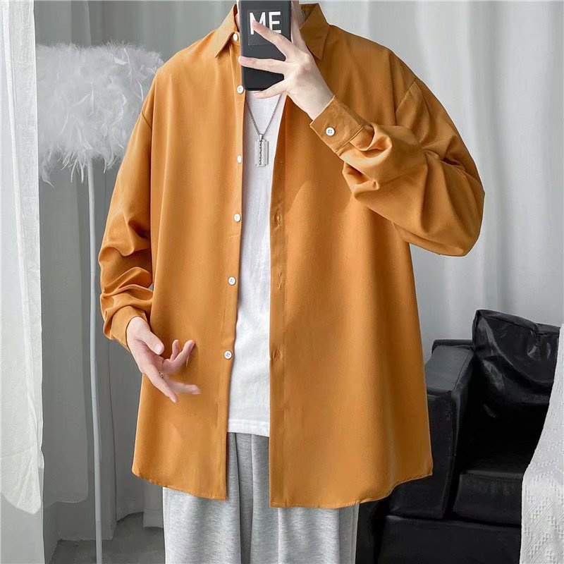 Áo Sơ Mi Tay Dài Dáng Rộng Màu Sắc Đơn Giản Phong Cách Hồng Kông Cá Tính Cho Nam