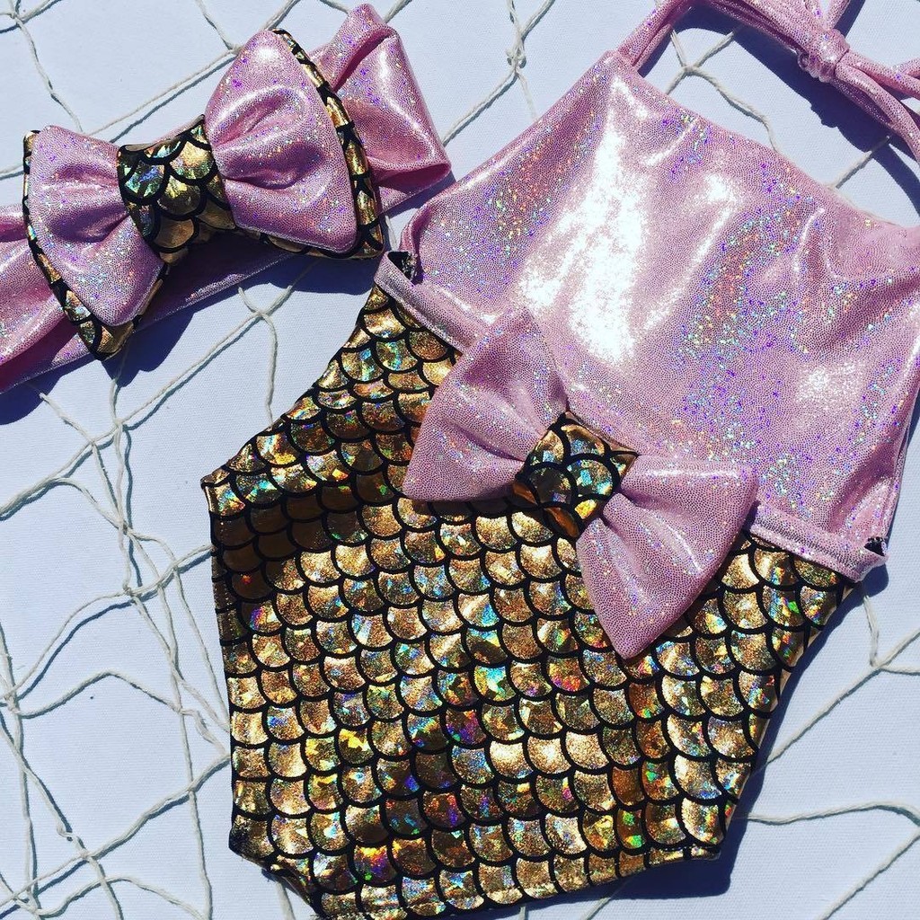 ღ♛ღGirls Kids Mermaid Fancy Bow Sequins Swimmable 2pcs Bikini Set Swimwear Swimsuit
