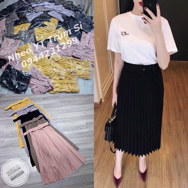 Chân váy dập ly midi kèm đai freesize