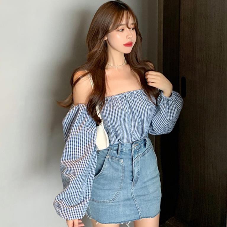 Áo kiểu trễ vai dài tay họa tiết sọc caro thời trang dành cho nữ ⚡ 💝
