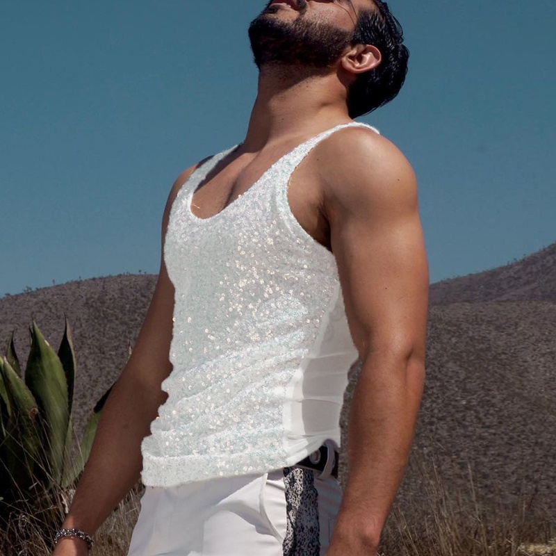 Áo Tank Top Sát Nách Đính Kim Sa Lấp Lánh Thời Trang Đi Biển Mùa Hè Cho Nam Size S-5XL