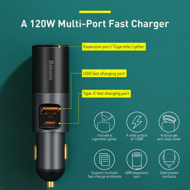 Cốc Sạc Baseus 120W 12-24V QC 3.0 PD 3.0 USB Trên Xe Hơi Cho iPhone Samsung Xiaomi Huawei