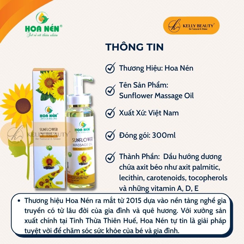 Dầu Massage Hoa Hướng Dương HOA NÉN 300ml - Giữ ẩm da, chống nắng, dưỡng tóc, giảm gãy rụng | KELLY BEAUTY