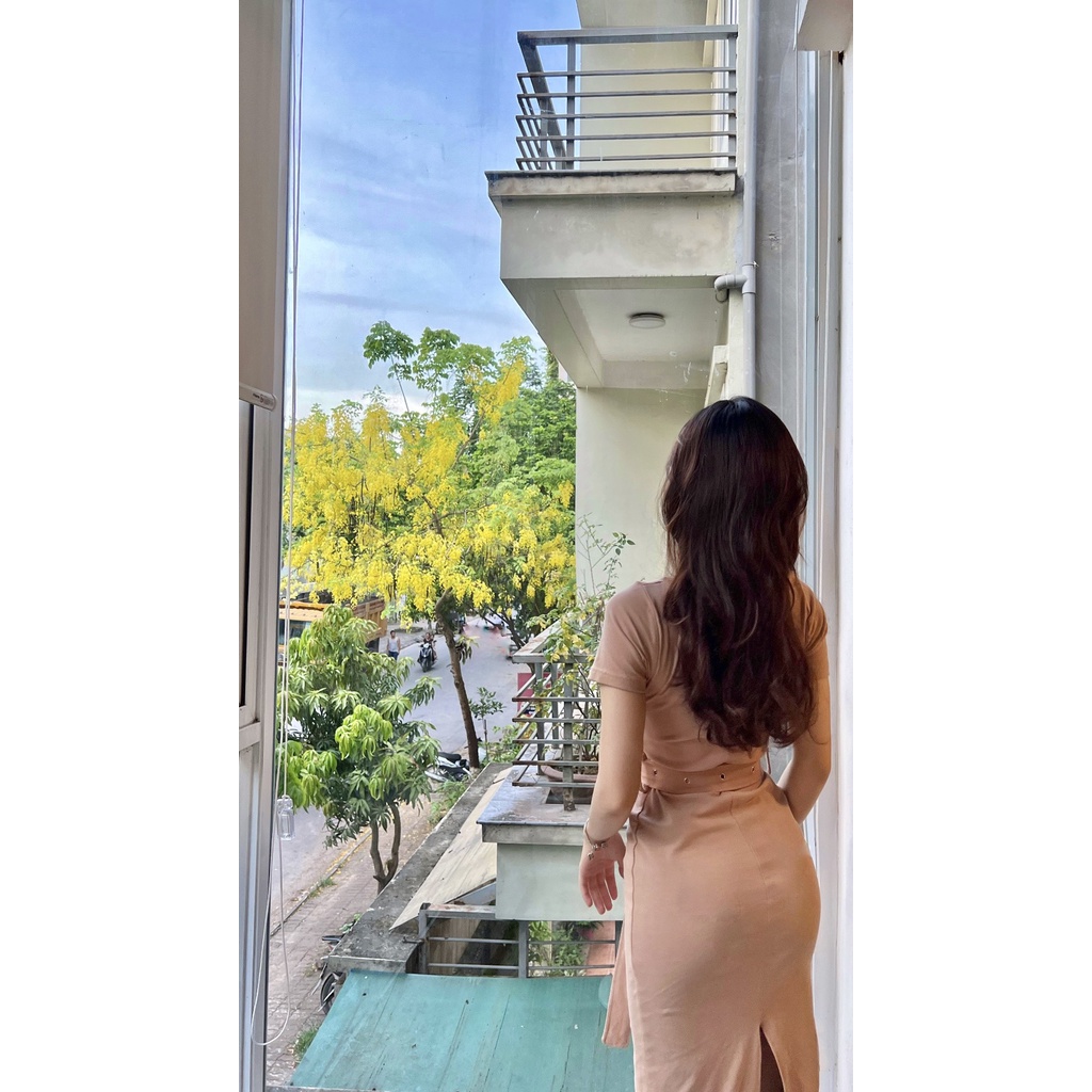 Váy body dáng dài ALENA phối đai eo xẻ sau màu be chất cotton công sở đi biển đi chơi tặng kèm đai đủ size S, M, L BD001
