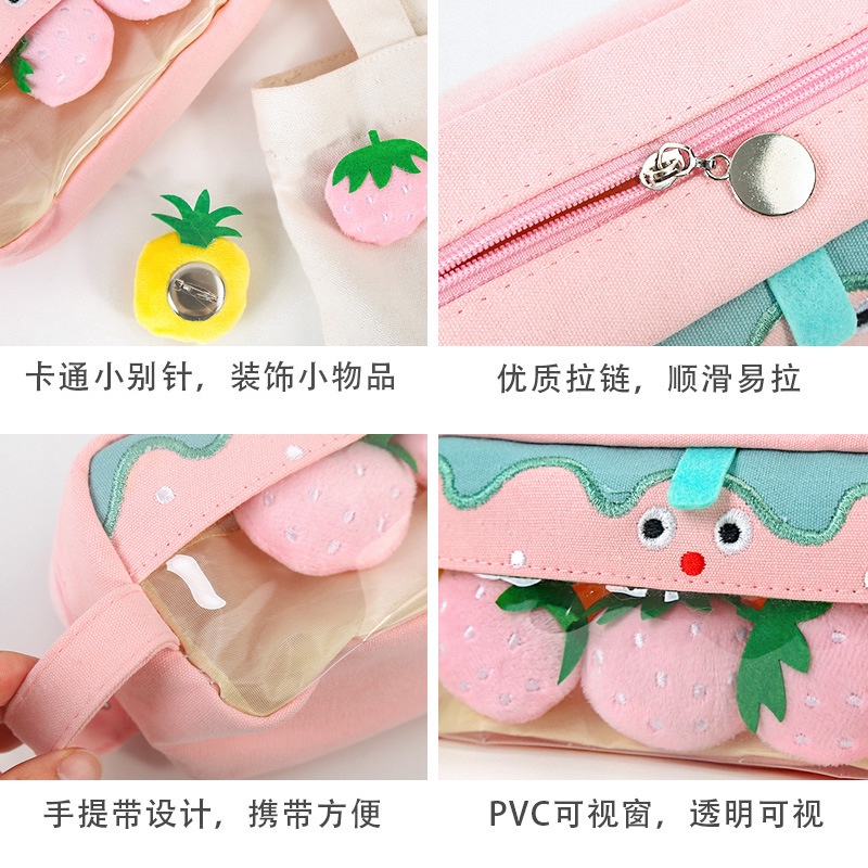 (Thohong001) Hộp đựng bút, túi đựng bút vải khóa hoa quả kèm tag, sticker bông KT 22*9