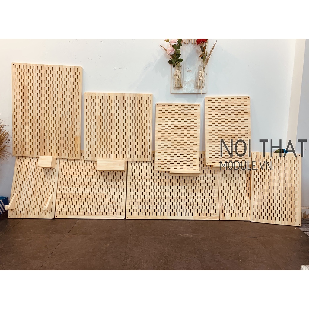 Bảng peg board, bảng lỗ treo tường trang phí phòng làm việc, phòng khách gỗ thông dày 15mm