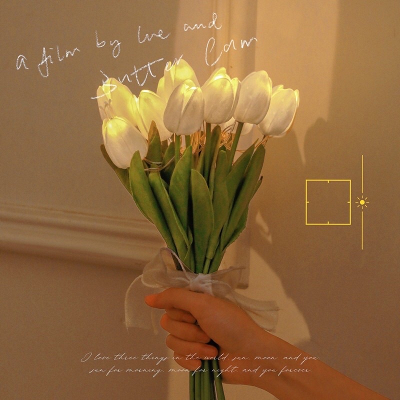 Bó 10 bông hoa tuylip đèn led phát sáng Hoa lụa giả kèm nơ xinh Decor trang trí nhà cửa, phụ kiện chụp studio