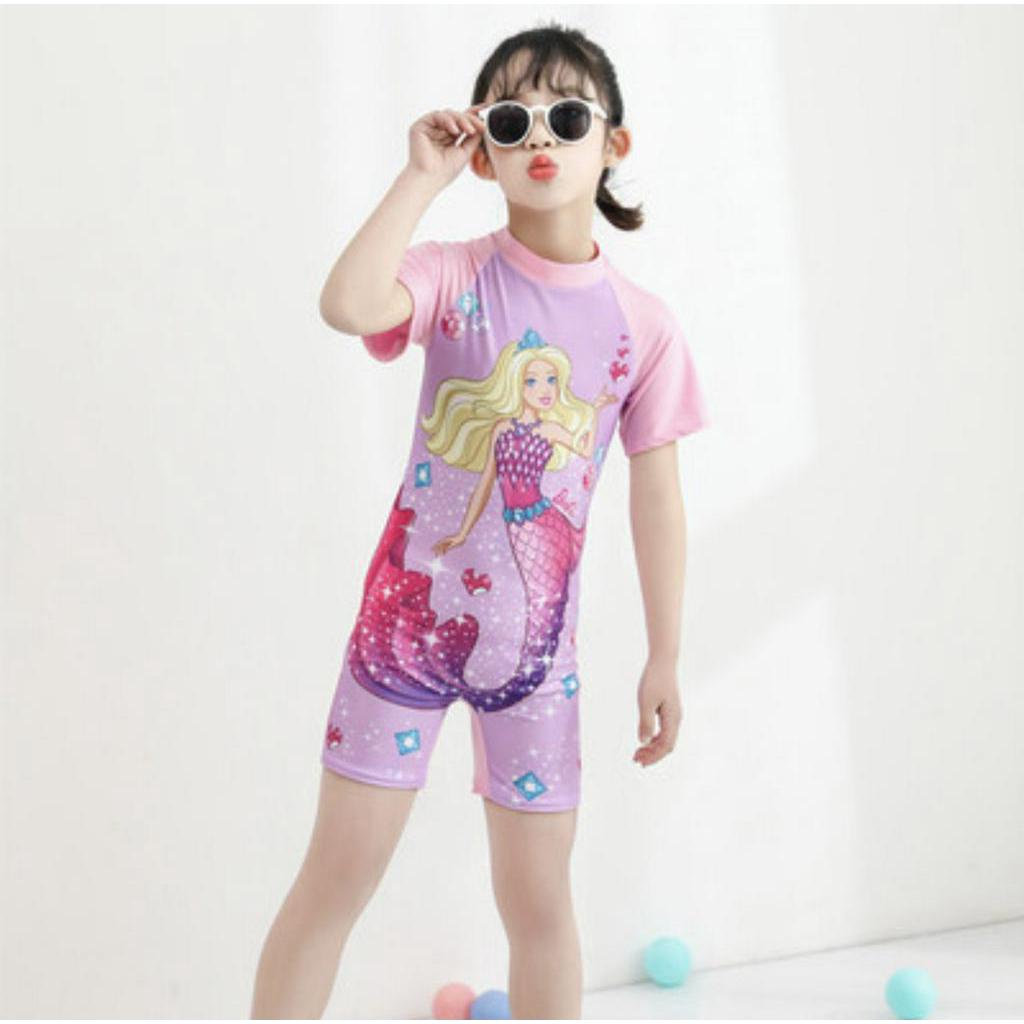 Đồ Bơi Liền Thân Ngắn Tay In Hình Nàng Tiên Cá Barbie Dành Cho Bé Gái Từ 3-12 Tuổi