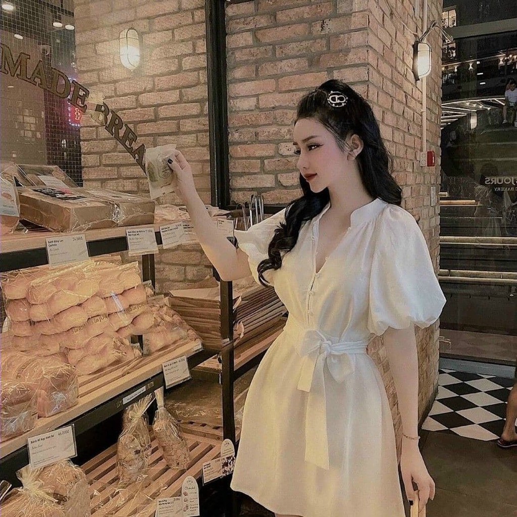 Đầm chữ A xòe phối dây mặc 2 kiểu, ĐẦM SUÔNG NÚT CƯỜM
