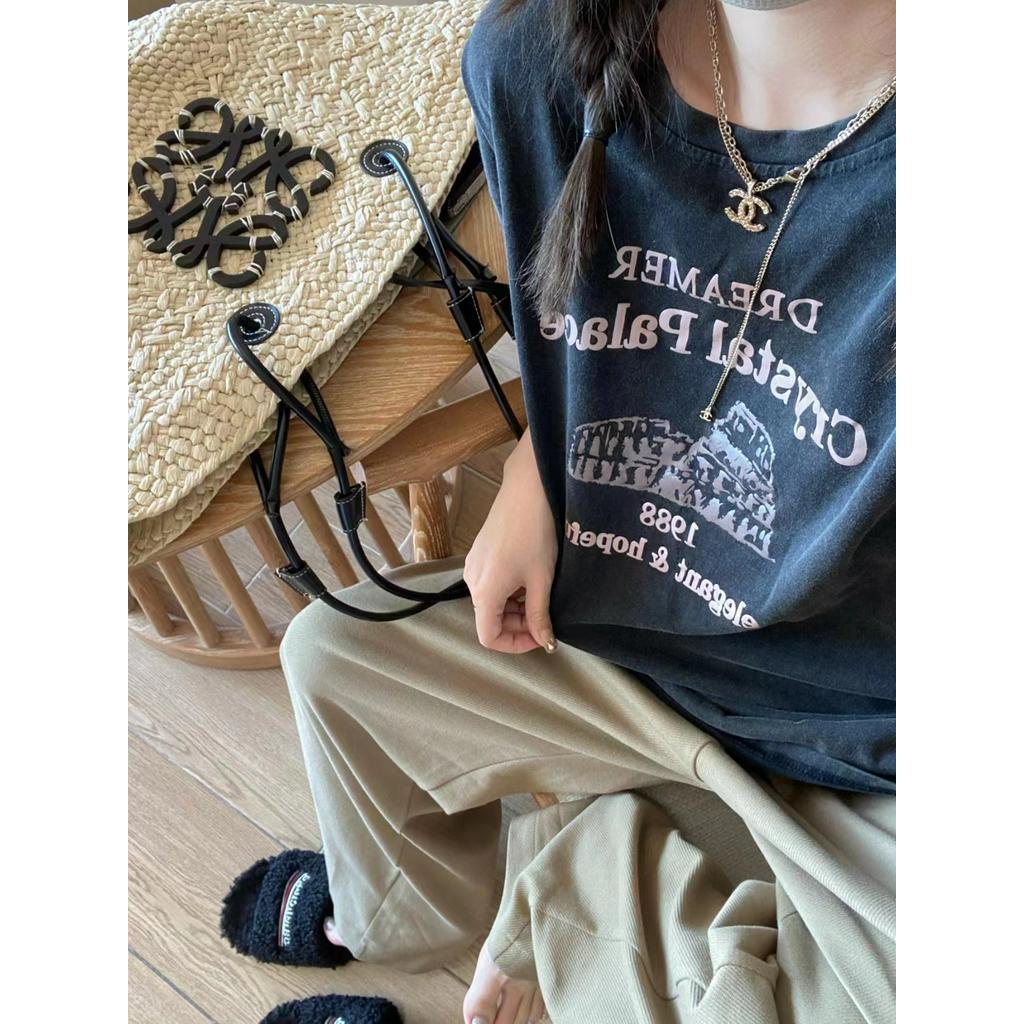 Áo Thun Cotton Ngắn Tay Màu Đen Phong Cách Retro 62608