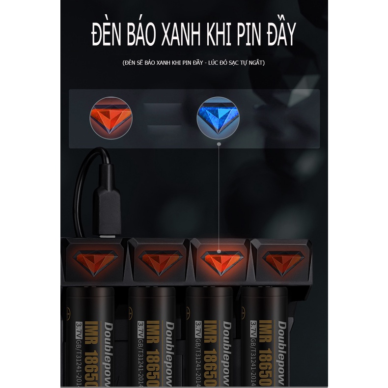 [Sạc UK41 và pin 18650 - 7400mWh] Bộ sạc thông minh kèm pin 18650 chính hãng Doublepow