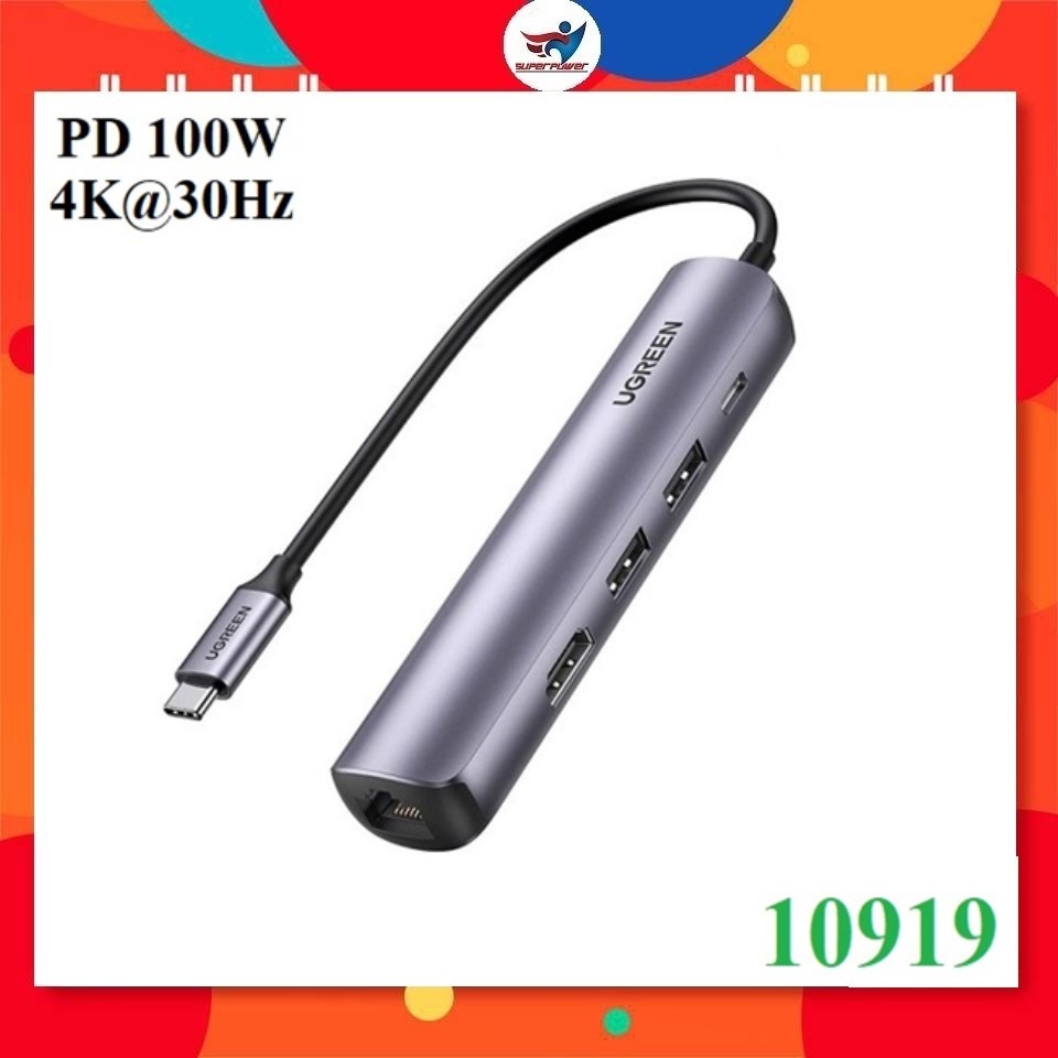 Ugreen 10919 5 trong 1 4K 30Hz PD 100W 1000Mbps màu xám Bộ chuyển type c ra 2 * USB 3.0 A + HDMI + RJ45 giga